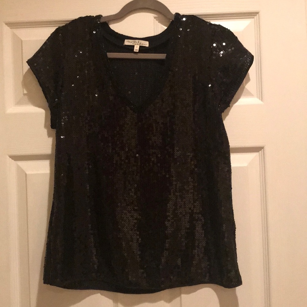 Moon & Meadow Shiny Black Sequin V Neck Shirt